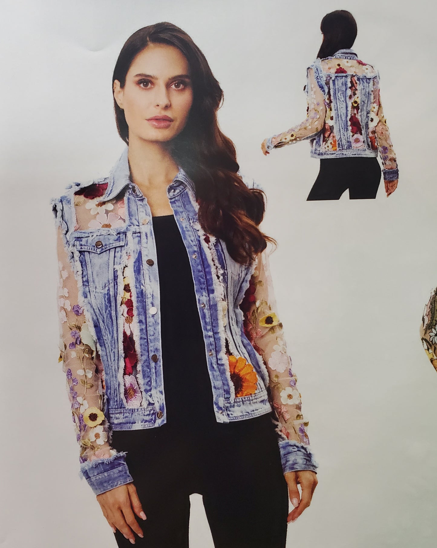 ADORE JACKET WITH BRIGHT FLORAL DETAIL in LIGHT WASH DENIM