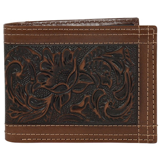 JUSTIN MENS GENUINE LEATHER LG BIFOLD WALLET TOOLED W/TRIPLE STITCH