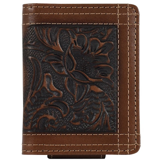 JUSTIN MENS GENUINE LEATHER BIFOLD CARD WALLET TOOLED W/TRIPLE STITCH