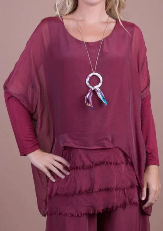 SARNO SILK KAFTAN ROUND NECK TOP in BURGUNDY