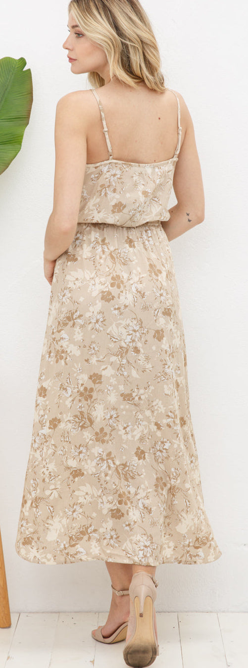 TROPICAL FLORAL PRINT HI-LO MIDI DRESS in TAUPE