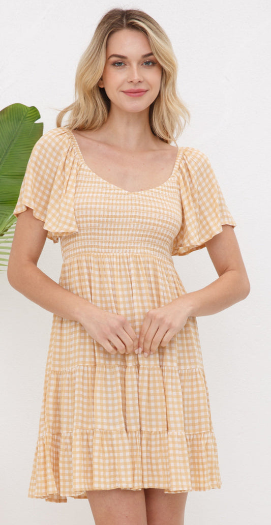 SMOCKED SHIRRED MINI DRESS with FLARE SLEEVE in MANGO/IVORY CHECK