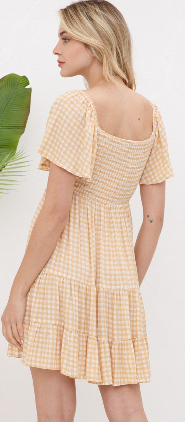 SMOCKED SHIRRED MINI DRESS with FLARE SLEEVE in MANGO/IVORY CHECK