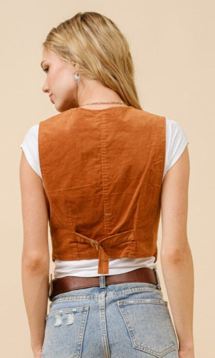 CORDUROY CROP STUDDED VEST in GINGERBREAD