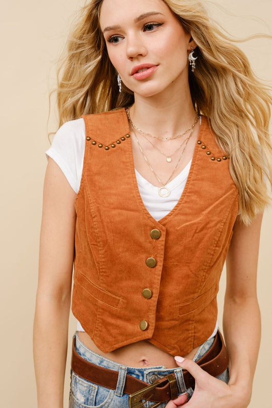 CORDUROY CROP STUDDED VEST in GINGERBREAD