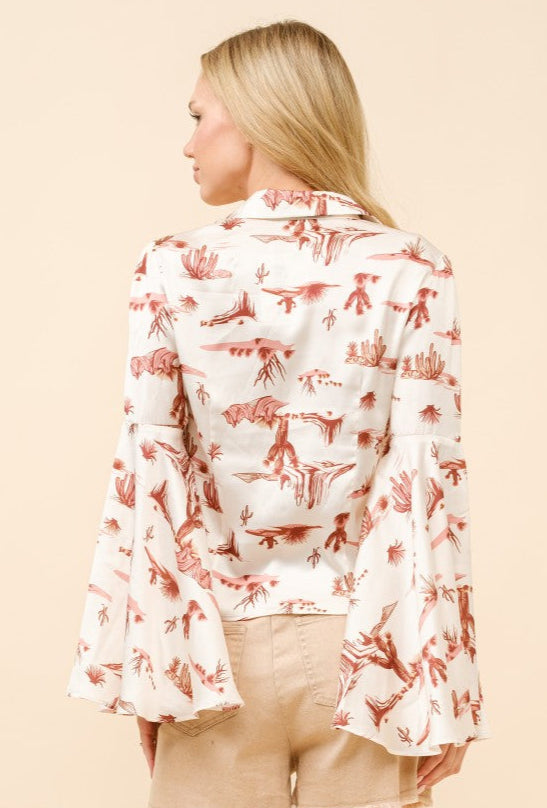 WESTERN PRINT SATIN BUTTON UP BELL SLEEVE BLOUSE