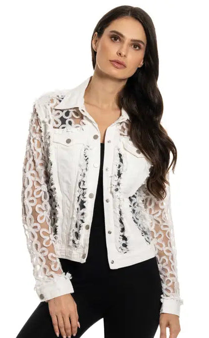 ADORE JACKET WITH FLORAL MESH in WHITE DENM