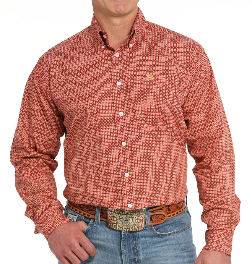 CINCH MEN'S LONG SLEEVE RED AND TAN GEO PRINT BUTTON DOWN SHIRT