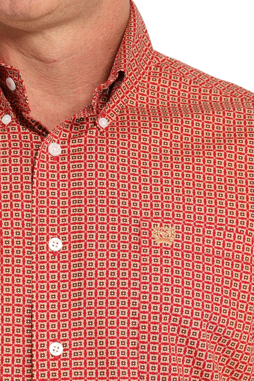 CINCH MEN'S LONG SLEEVE RED AND TAN GEO PRINT BUTTON DOWN SHIRT