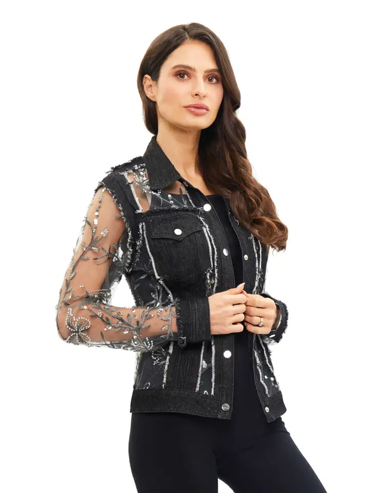 ADORE JACKET WITH BEADED EMBROIDERIED DETAIL in BLACK DENIM