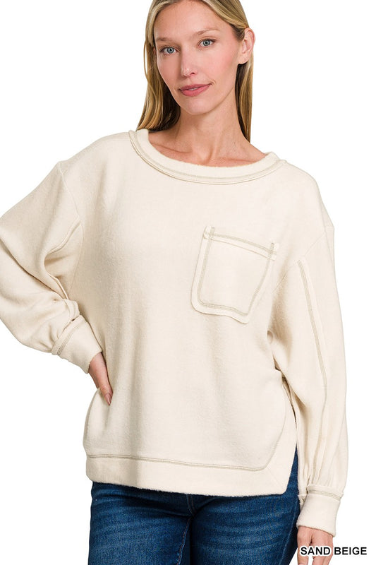 BRUSHED HACCI HI-LOW ROUND NECK SWEATER in SAND BEIGE