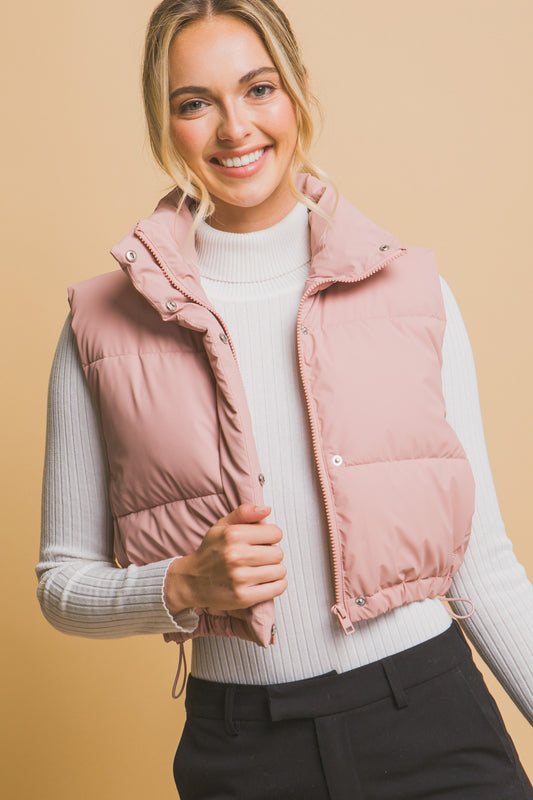 LADIES CROPPED PUFFER VEST in PINK or IVORY