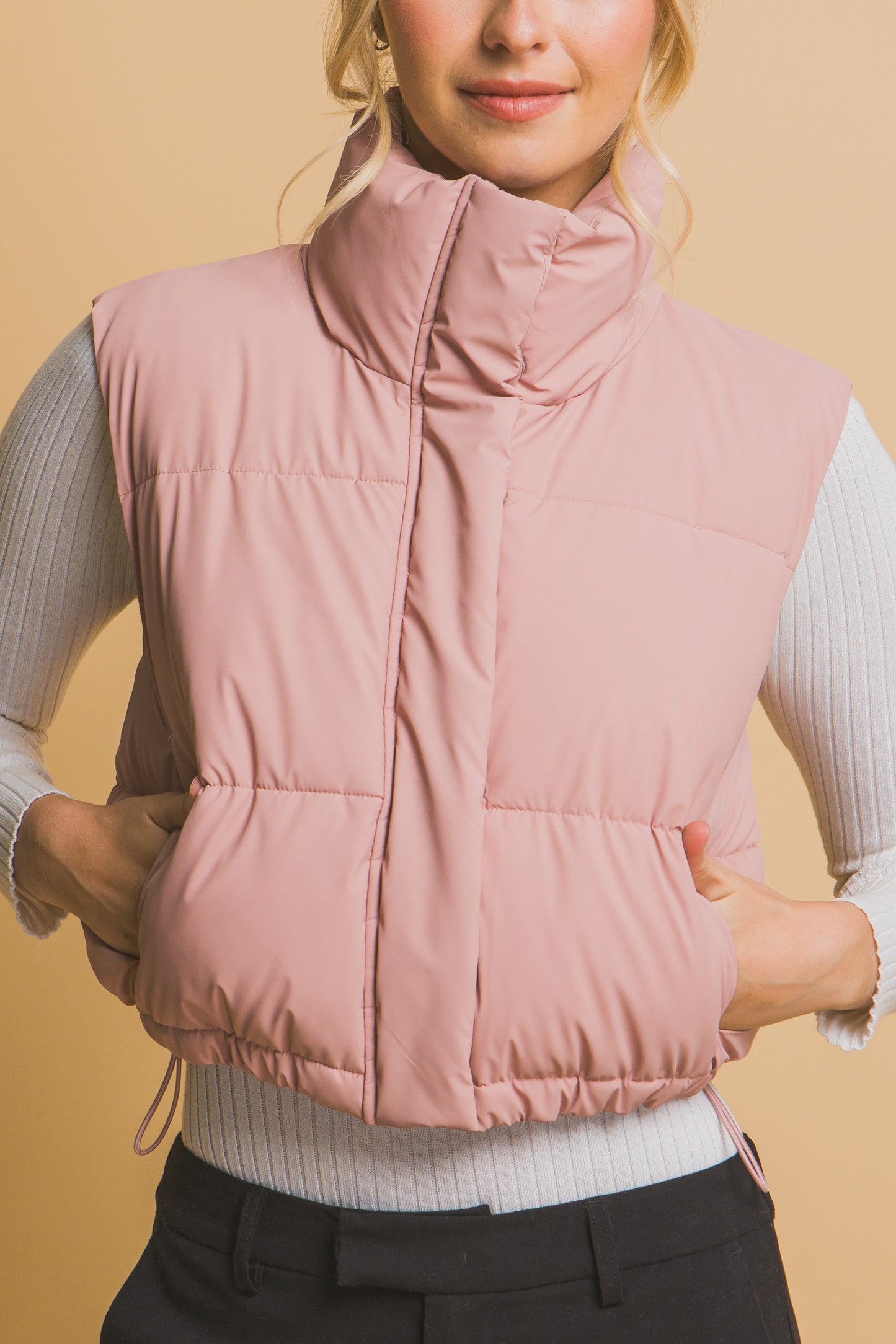 LADIES CROPPED PUFFER VEST in PINK or IVORY