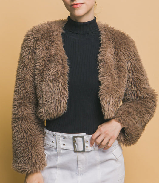 LADIES FAUX FUR CROP JACKET in COCOA