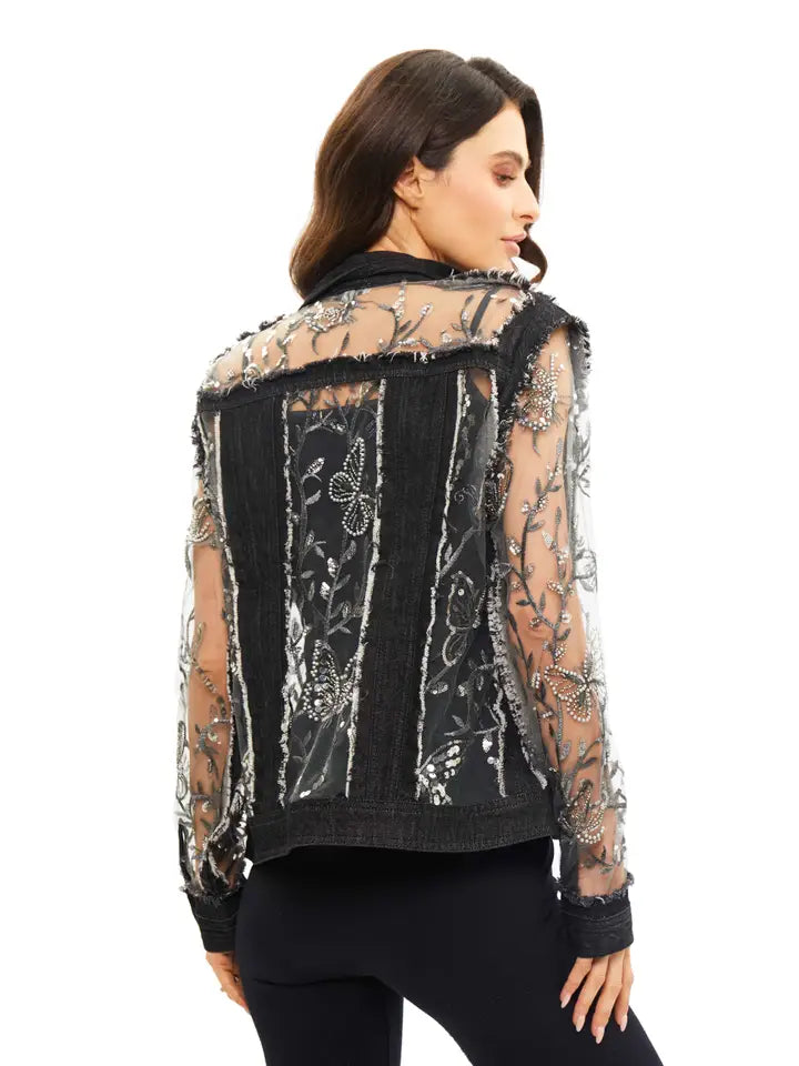 ADORE JACKET WITH BEADED EMBROIDERIED DETAIL in BLACK DENIM