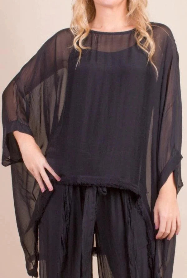 ADELINA HIGH-LOW SILK KAFTAN TOP in BLACK