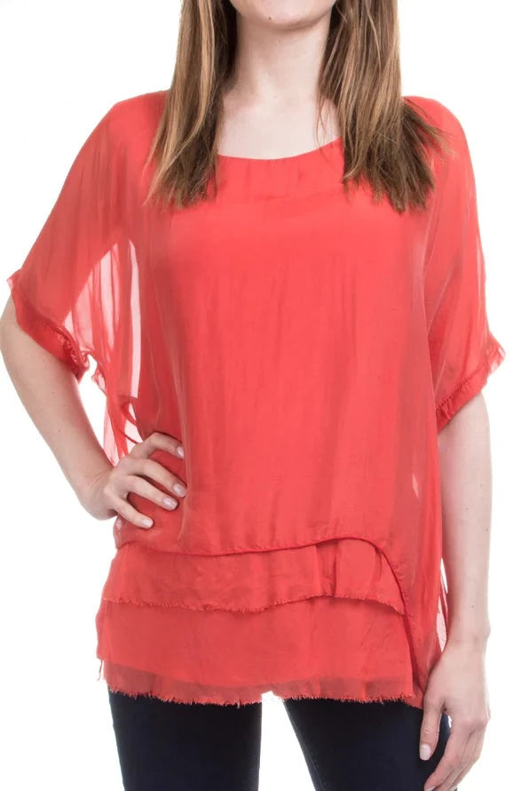 CARMELINA SILK KAFTAN ROUND NECK TOP in RED