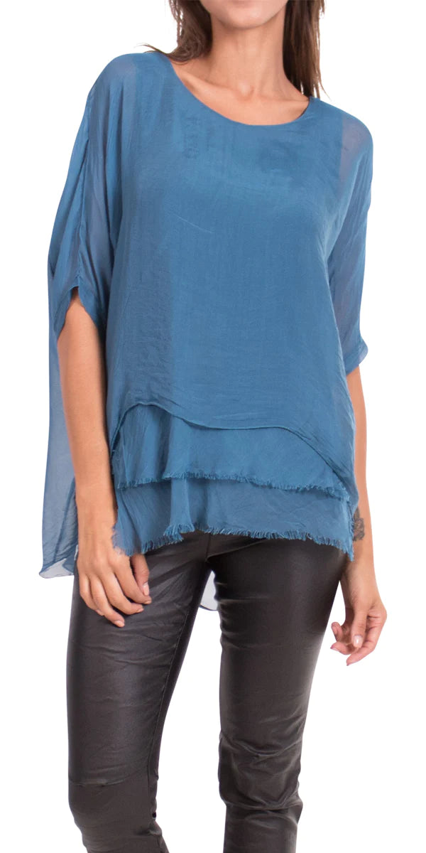 CARMELINA SILK KAFTAN ROUND NECK TOP in TEAL