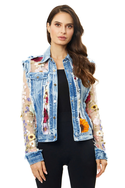 ADORE JACKET WITH BRIGHT FLORAL DETAIL in LIGHT WASH DENIM