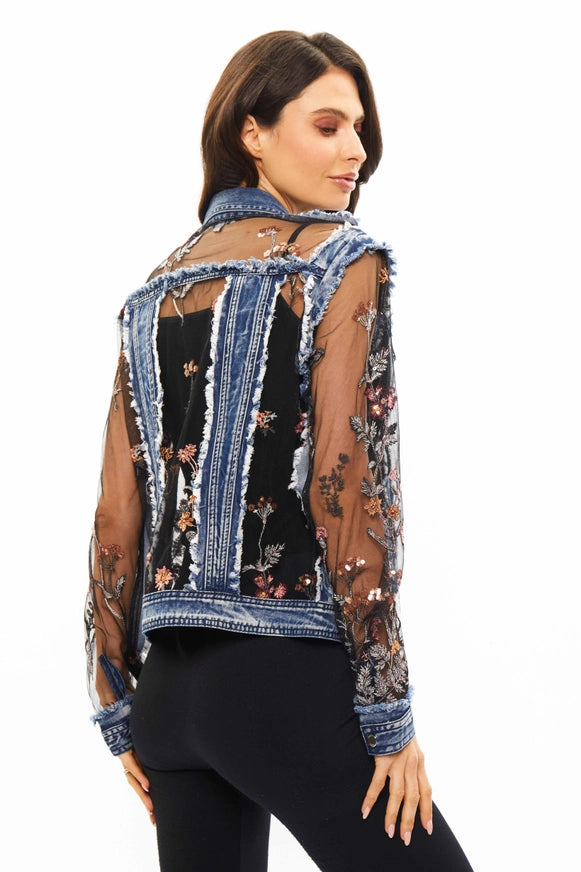 ADORE DENIM JACKET WITH FLORAL EMBROIDERY ON BLACK MESH