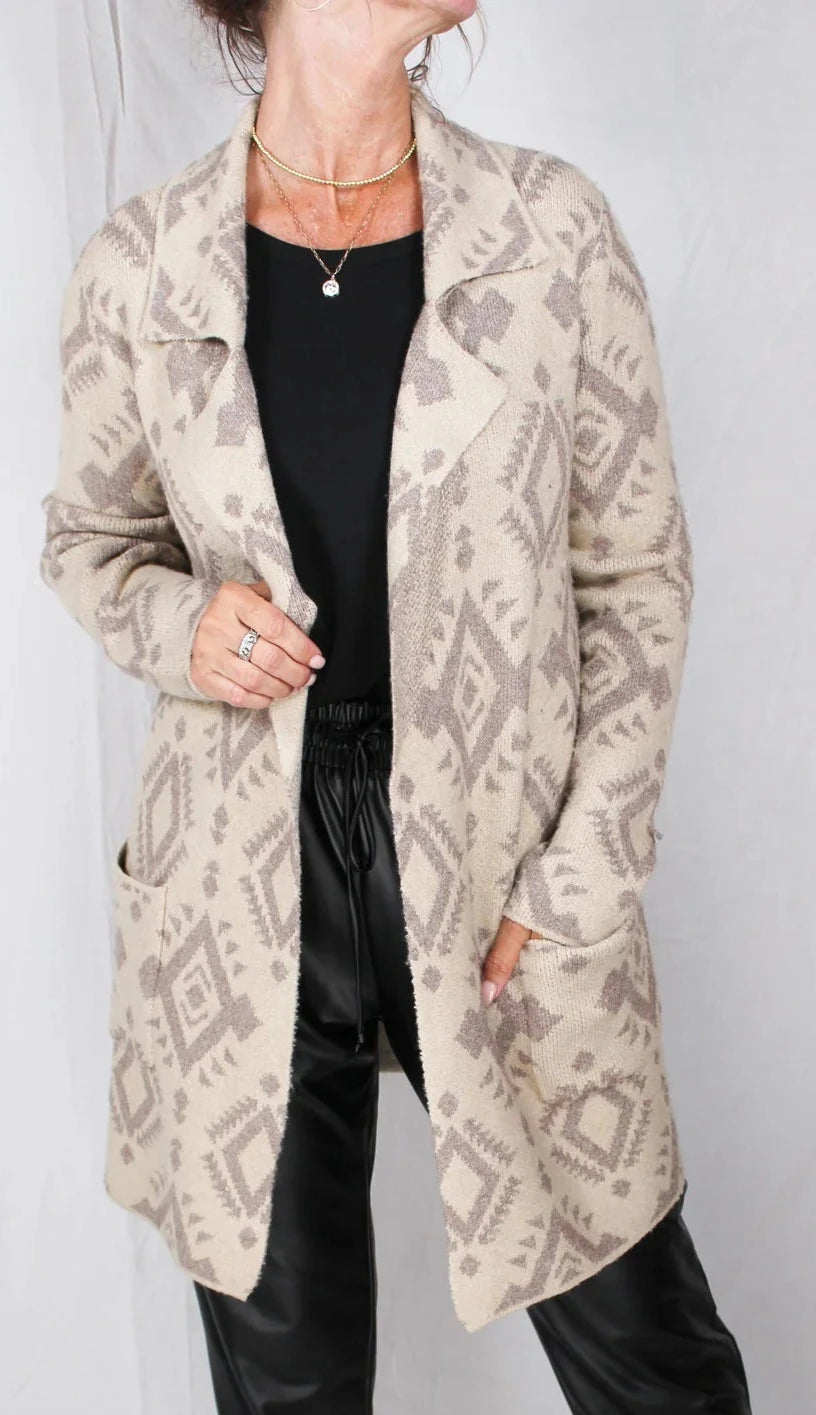 LADIES JACQUARD NOTCH COLLAR LONG CARDIGAN in OATMEAL HEATHER