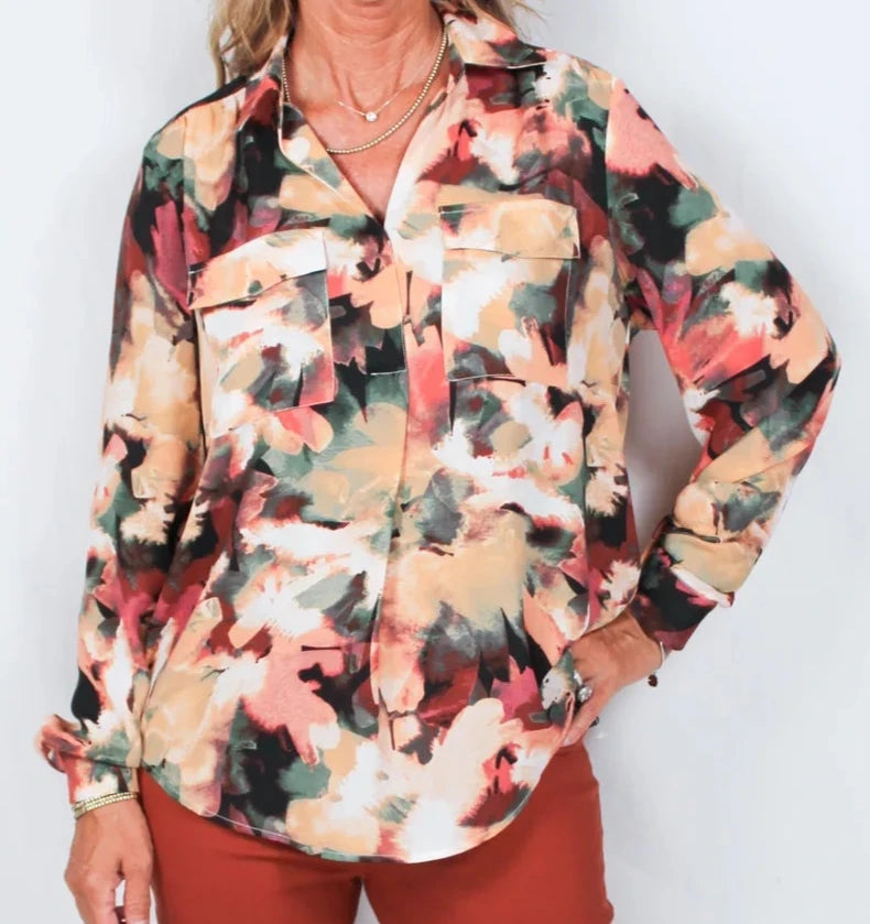 LADIES RUSSET/BLACK FLORAL 2 POCKET INVERTED PLEAT BLOUSE