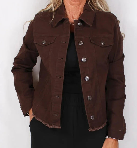 LADIES BROWN DENIM FRAY HEM TRUCKER JACKET