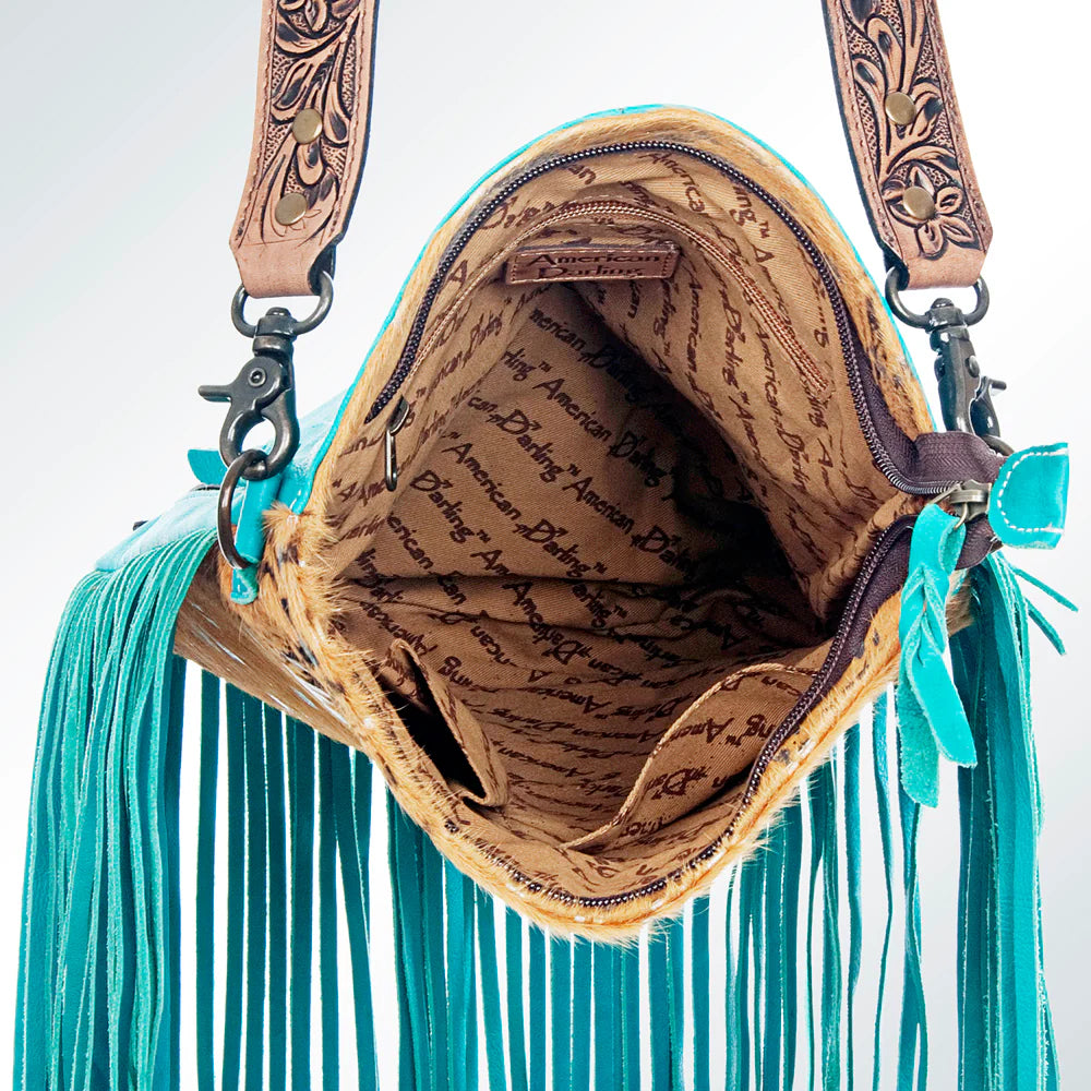 American Darling Cowhide with Tooled Leather and Pink Fringe