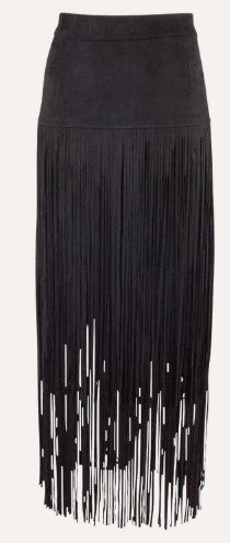 BLACK FAUX SUEDE LONG FRINGE SKIRT