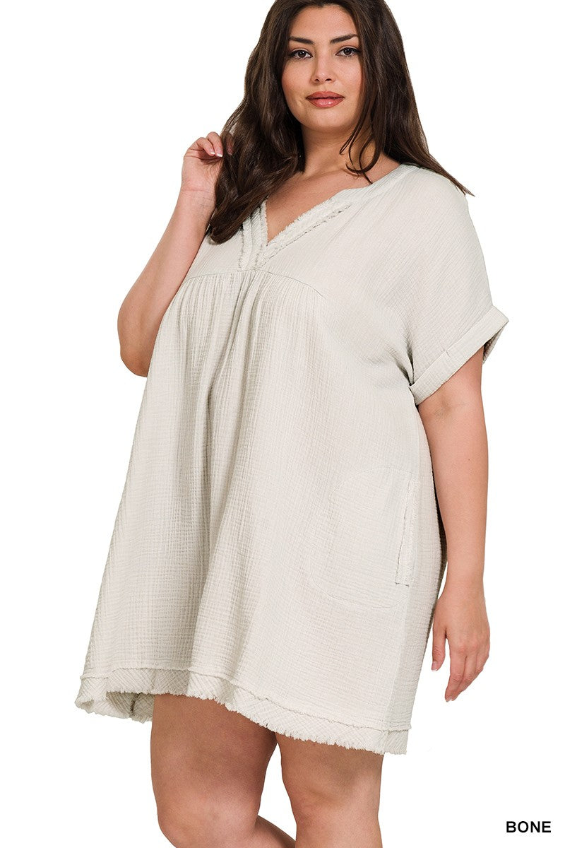 DOUBLE GAUZE RAW EDGE V-NECK DRESS ~ REG and PLUS SIZE