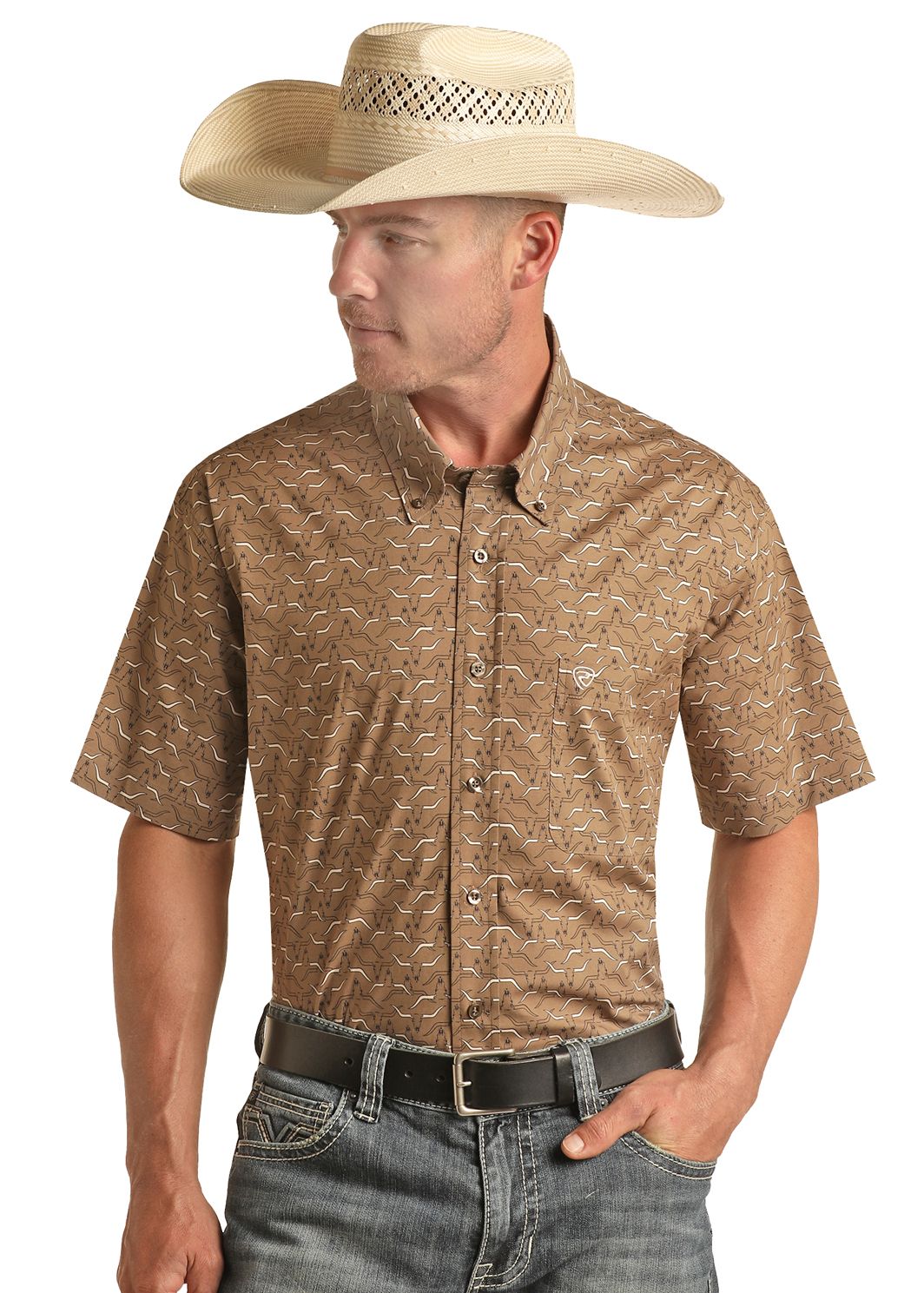 ROCK & ROLL MENS CLASSIC FIT LONGHORN SHORT SLEEVE BUTTON SHIRT