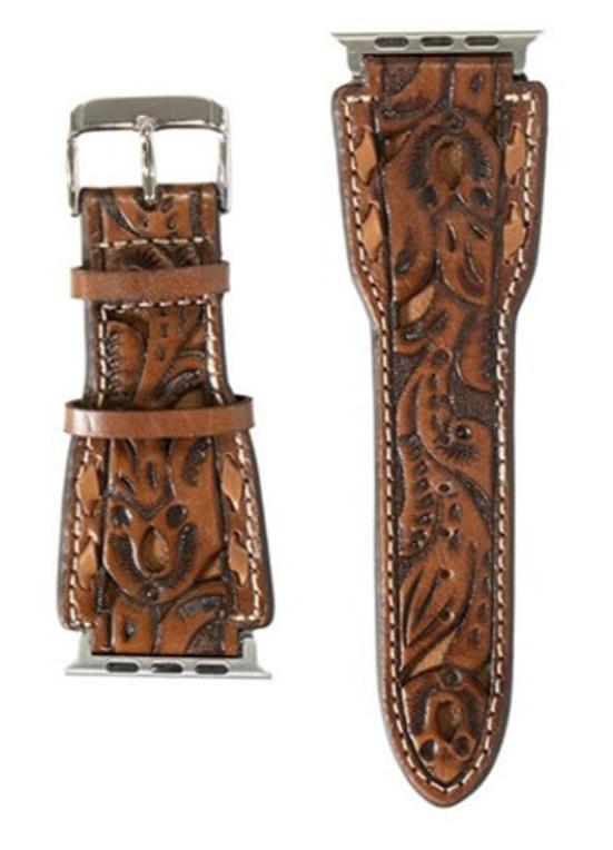 NOCONA MEN'S FLORAL TOOLED LEATHER iWATCH BAND in BROWN