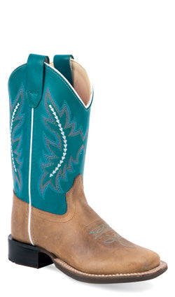 OLD WEST BOY'S TEAL TOP TAN COWBOY BOOTS