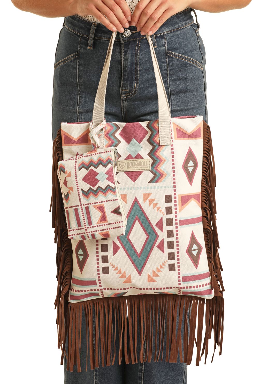 ROCK N ROLL DENIM GEO PRINT BAG WITH FRINGE