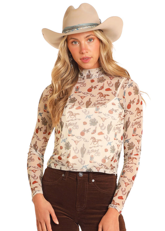 LADIES ROCK & ROLL WILD WEST PRINT MOCK NECK MESH TOP