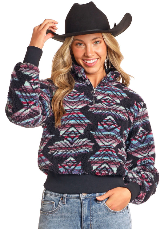 Rock & Roll Women's Vibrant Aztec Sherpa Pullover - BLACK