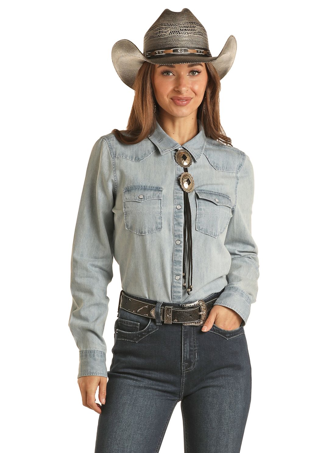 ROCK & ROLL WOMENS DENIM LONG SLEEVE BUTTON SHIRT