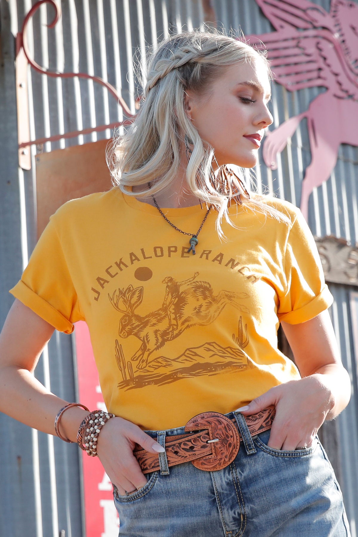 CRUEL DENIM WOMEN'S JACKALOPE RANCH YELLOW T-SHIRT