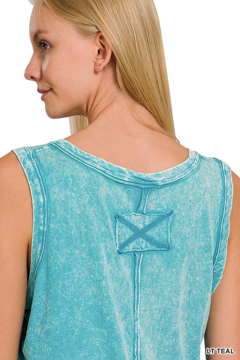 CRINKLE WASHED V-NECK SLEEVELESS TOP in LT TEAL