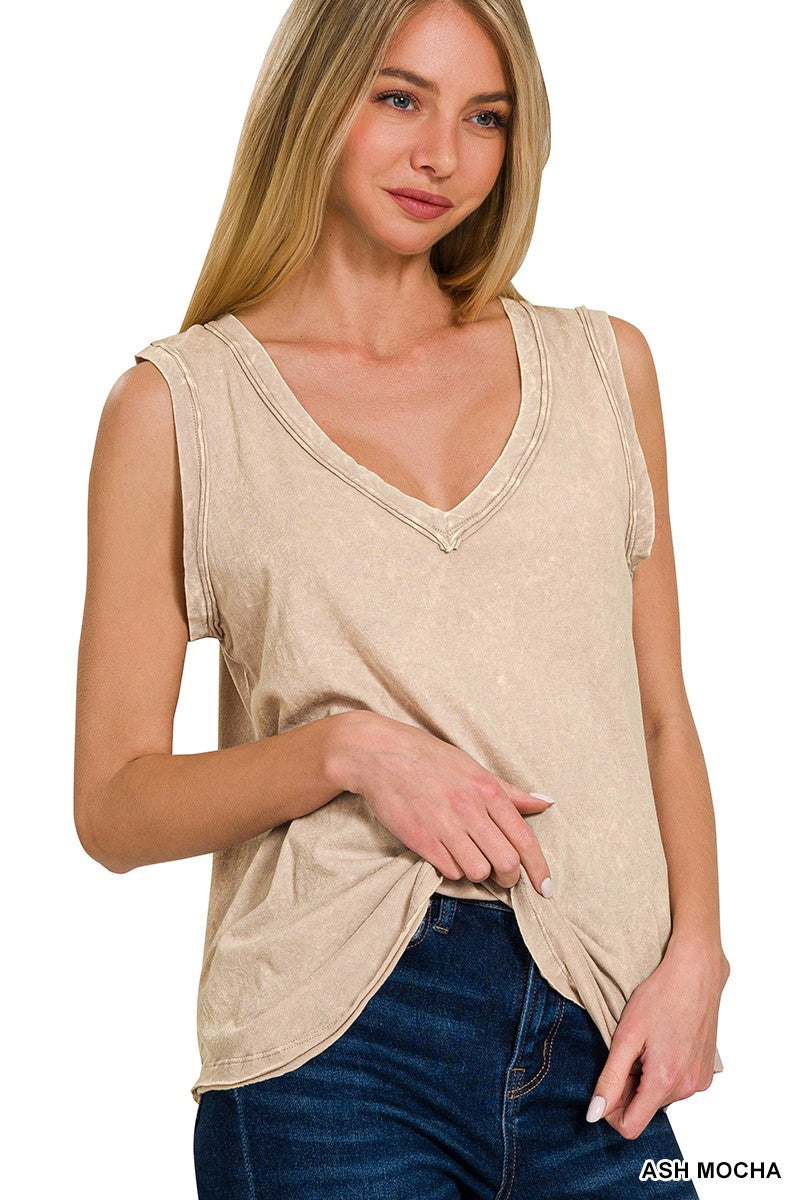 CRINKLE WASHED V-NECK SLEEVELESS TOP in ASH MOCHA