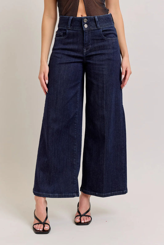 DISCLOSED 2 BUTTON WIDE LEG CROP JEANS DARK WASH