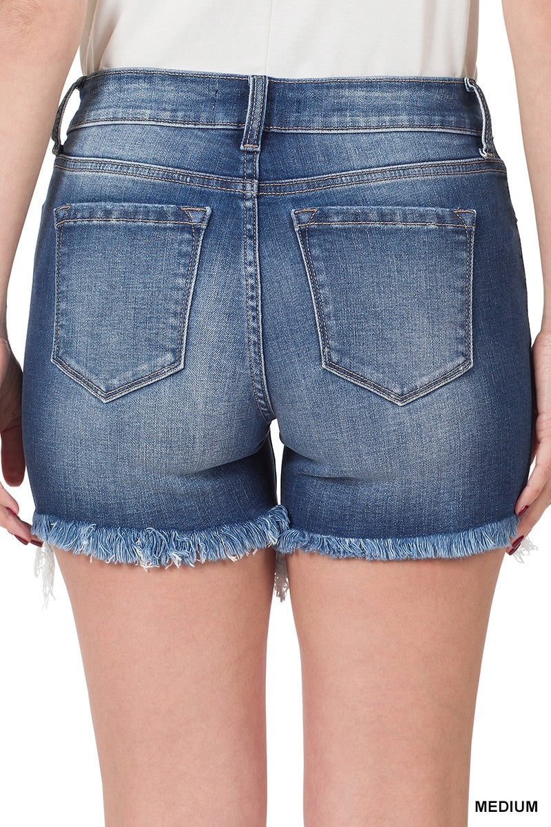 MID RISE RAW FRAYED HEM DENIM SHORTS