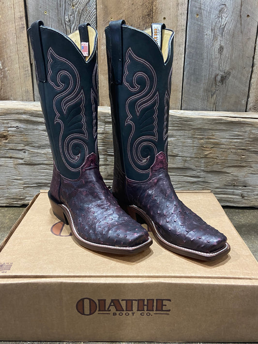 MENS BLACK CHERRY FULL QUILL OSTRICH OLATHE BOOTS