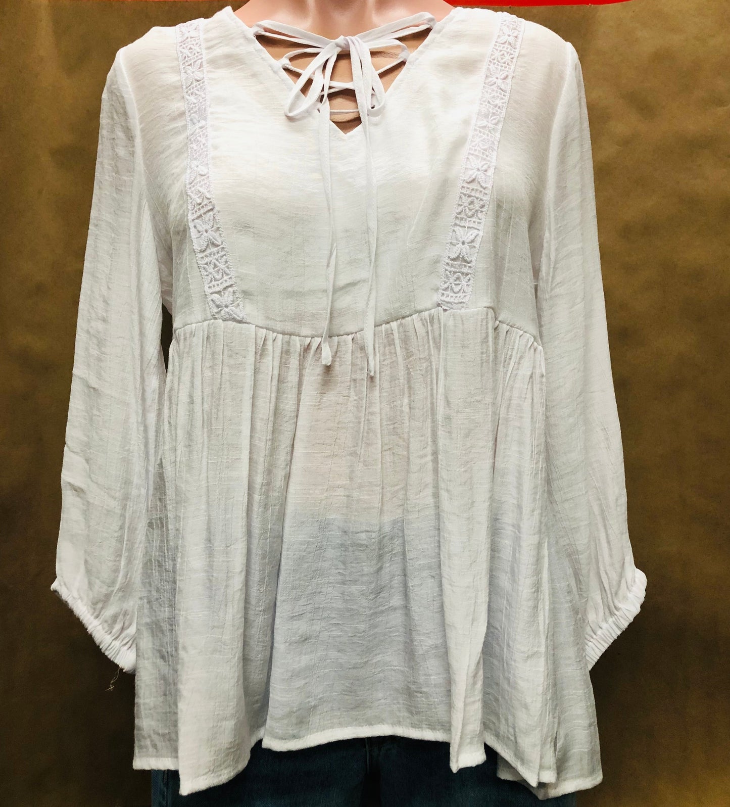 LADIES TYE-FRONT 3/4 SLEEVE PEASANT TOP - WHITE