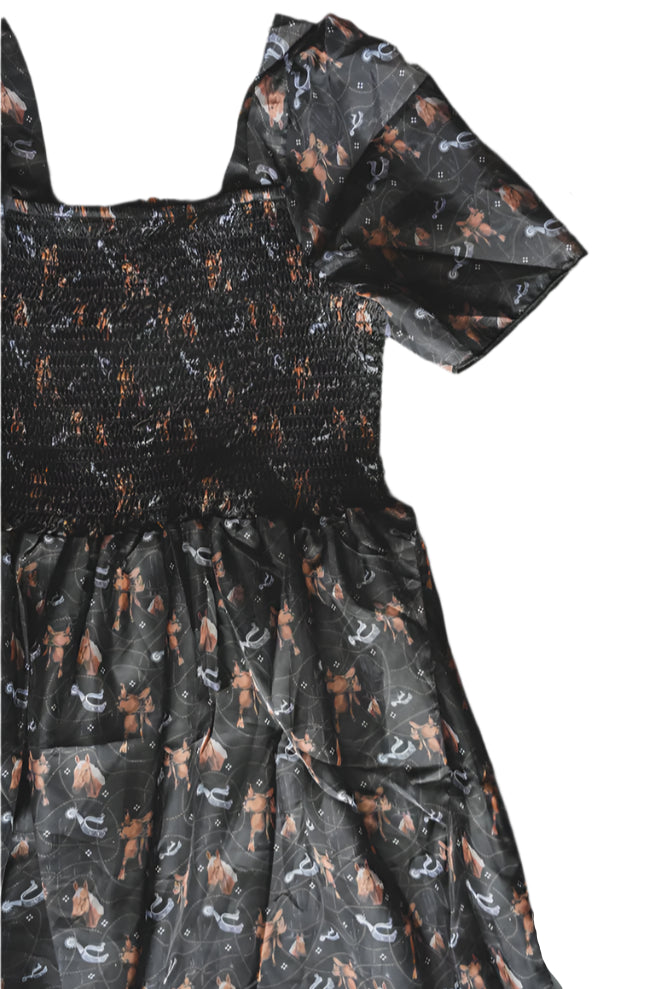 "FRILLY, FRILLY" SADDLE AND SPUR PRINT MINI DRESS