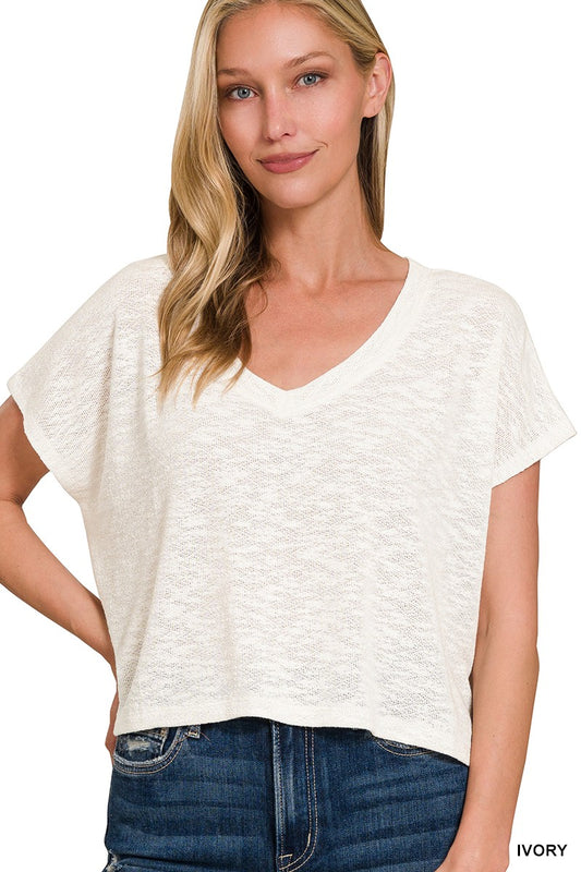 V-NECK DROP SHOULDER SHORT SLEEVE CROP TOP in IVORY