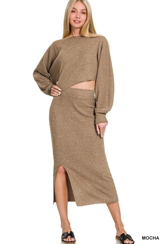 RIBBED ASYMMETRIC HEM AND SLEEVE TOP & SKIRT SET in MOCHA