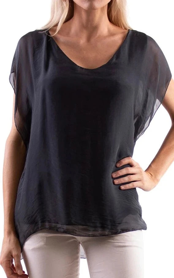 NATACHA FLUTTER SLEEVE TOP in CHARCOAL