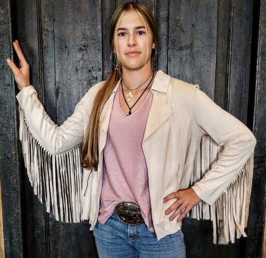 W.A.Y. SUEDE FRINGE JACKET in BONE