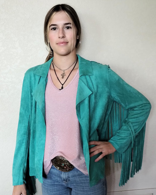 W.A.Y. SUEDE FRINGE JACKET in AQUA